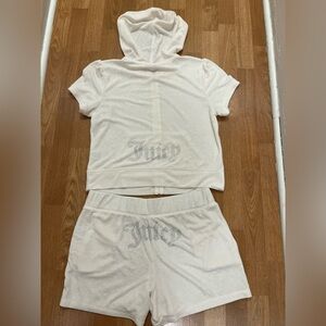 Juicy Couture Bling Terry Short Sleeve Hoodie & Shorts Set Oyster White Size L